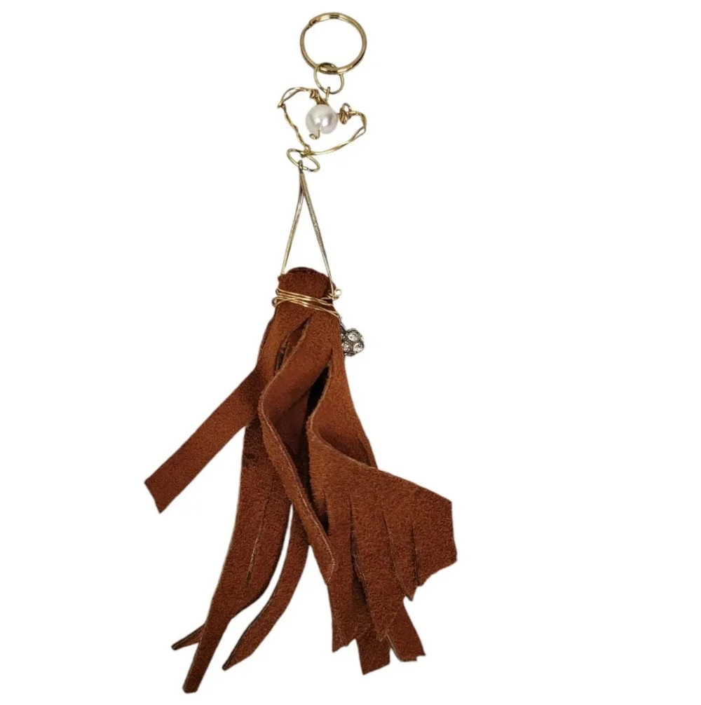 Gold Plated Brown Suede Fringe Keychain
